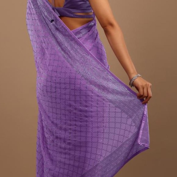 Purple Georgette Saree With Swarovski Stonework On The Borders - Kalki Fashion - Picture 3 of 6